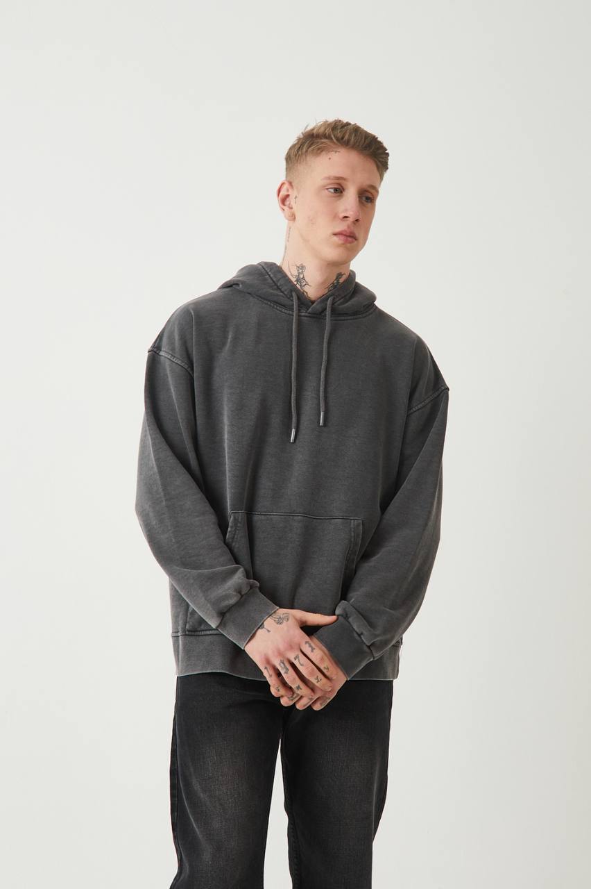 Unisex Washed Oversize Hoodie - Heavyweight Blank Sweatshirt - Gray