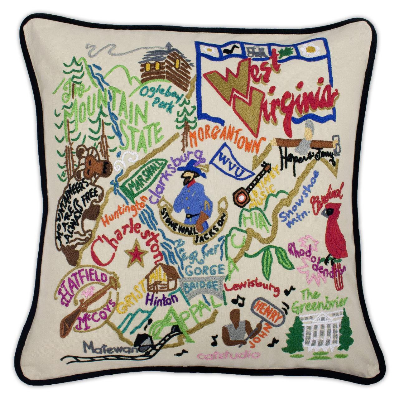 West Virginia Hand-Embroidered Pillow