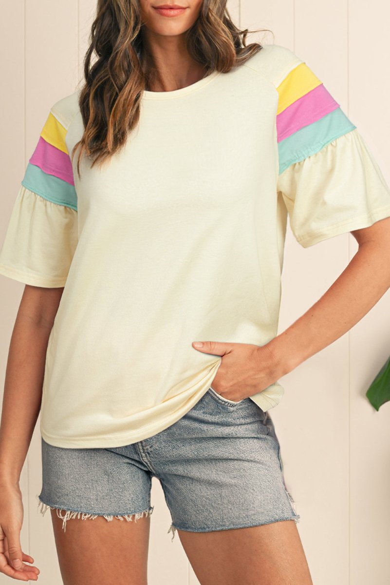 White Color Block Stitched Sleeve Loose T Shirt for Women