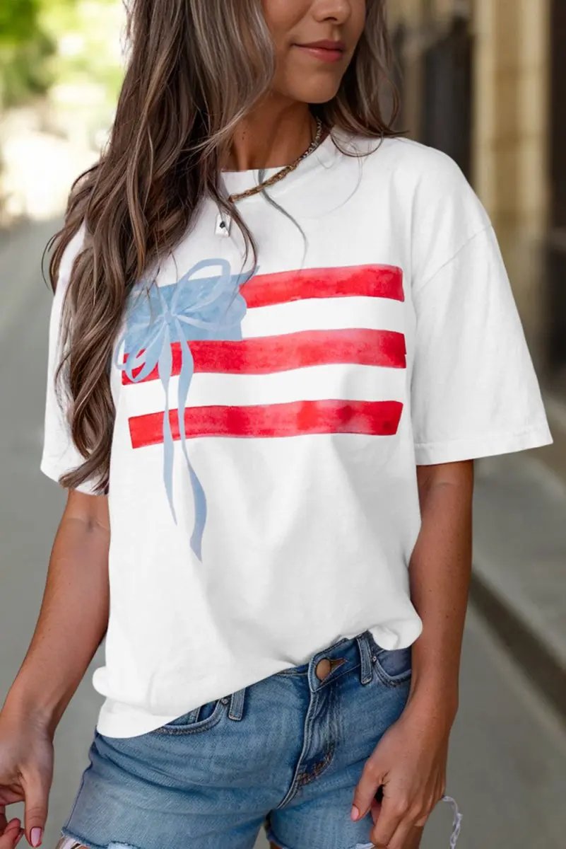 Love Salve White Bow Graphic Tee Casual Style Women&amp;#39;s Crewneck Top - Soft &amp;amp; Comfy