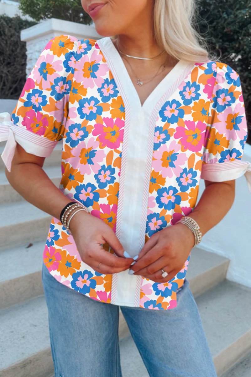 White Floral Colorblock Striped Edge V Neck Knotted Blouse