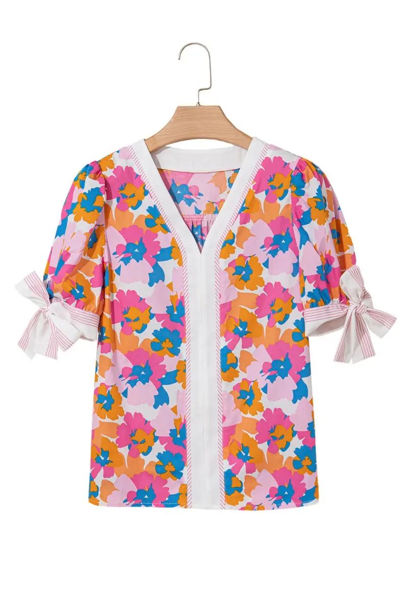Love Salve Floral Colorblock Blouse Women&#39;s Daily V-Neck Knot Top Southern Belle Style