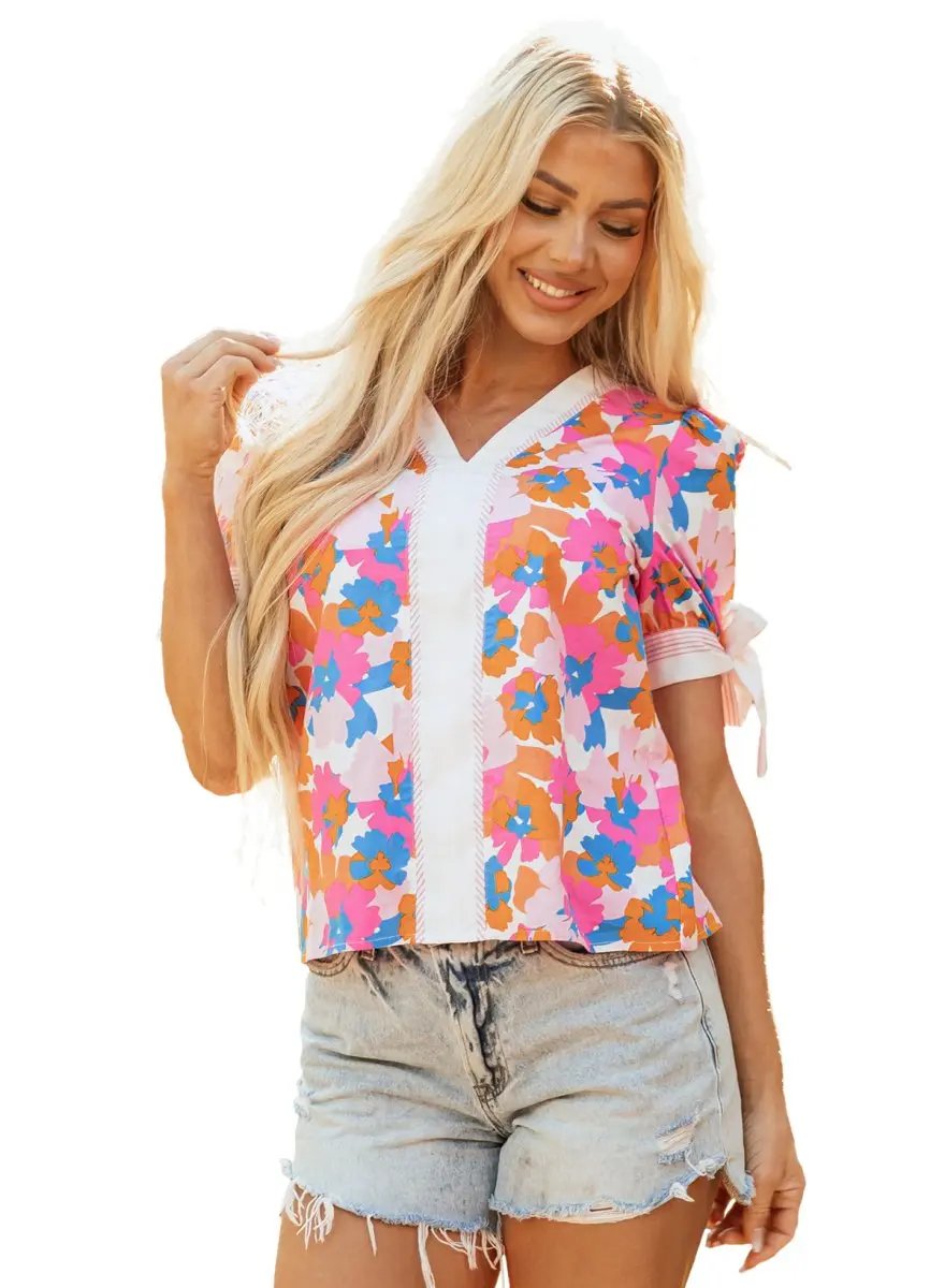 Love Salve Floral Colorblock Blouse Women&#39;s Daily V-Neck Knot Top Southern Belle Style