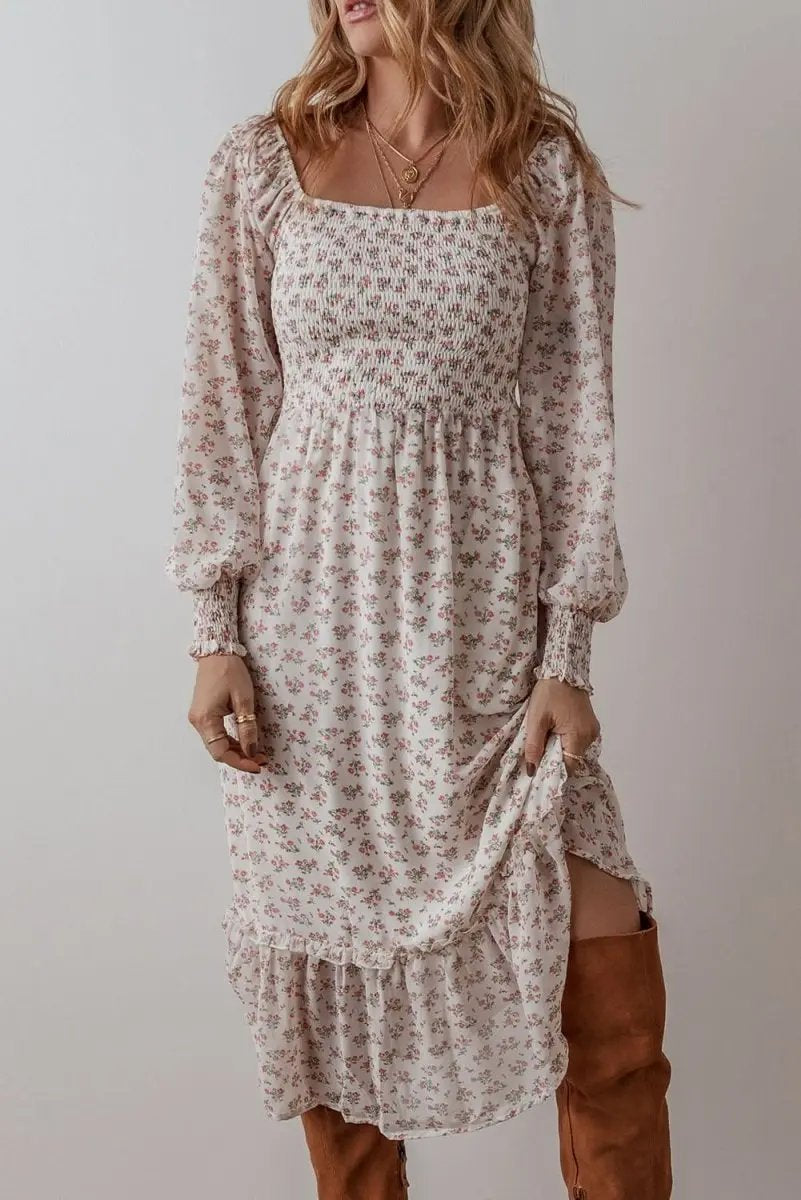 Love Salve White Floral Midi Dress Women&amp;#39;s Wedding Guest Dress Ruffled Smocked