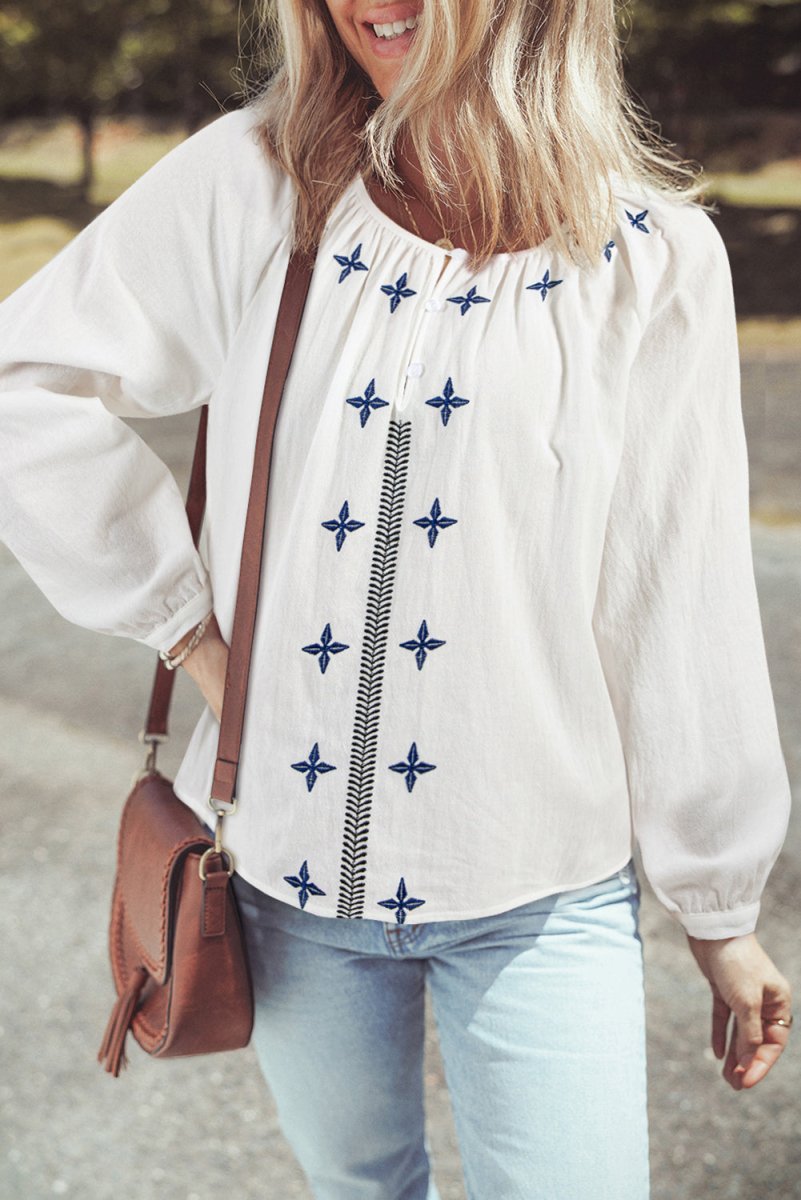 White Geometric Embroidered Long Sleeve Blouse for Women