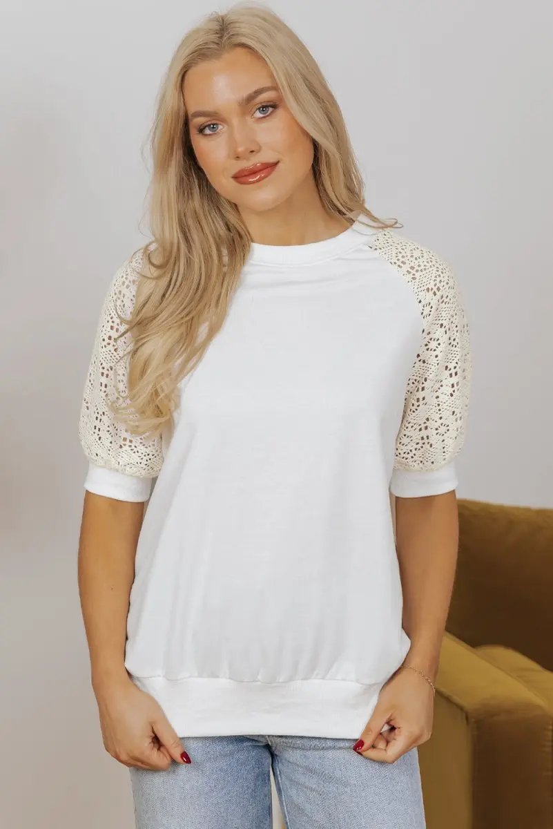 Love Salve White Lace Crochet Women&amp;#39;s Tee Daily Elegant T-Shirt Breathable, Summer
