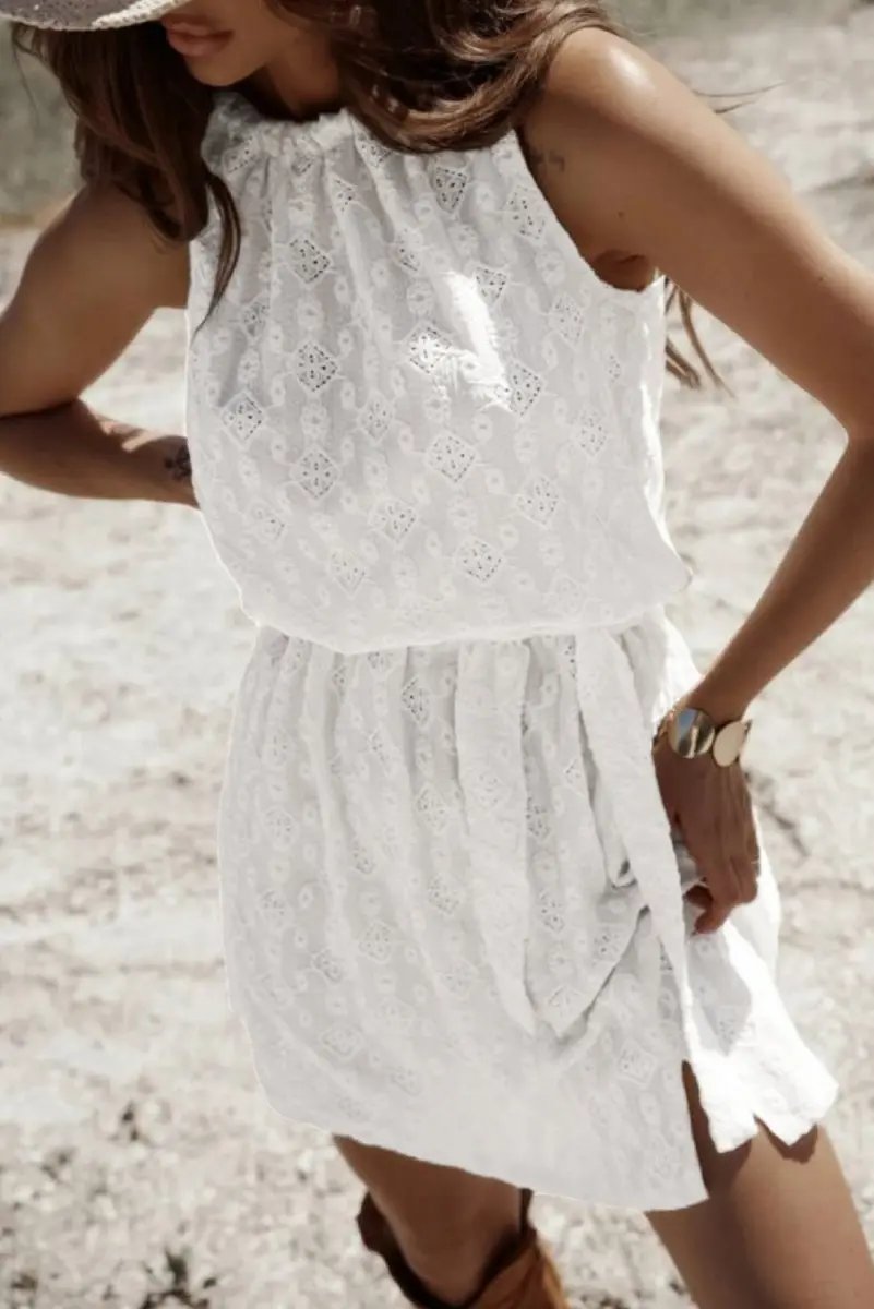 Love Salve White Lace Mini Dress Women&amp;#39;s Vacation A-Line Casual Dress - Knot Back, Sleeveless