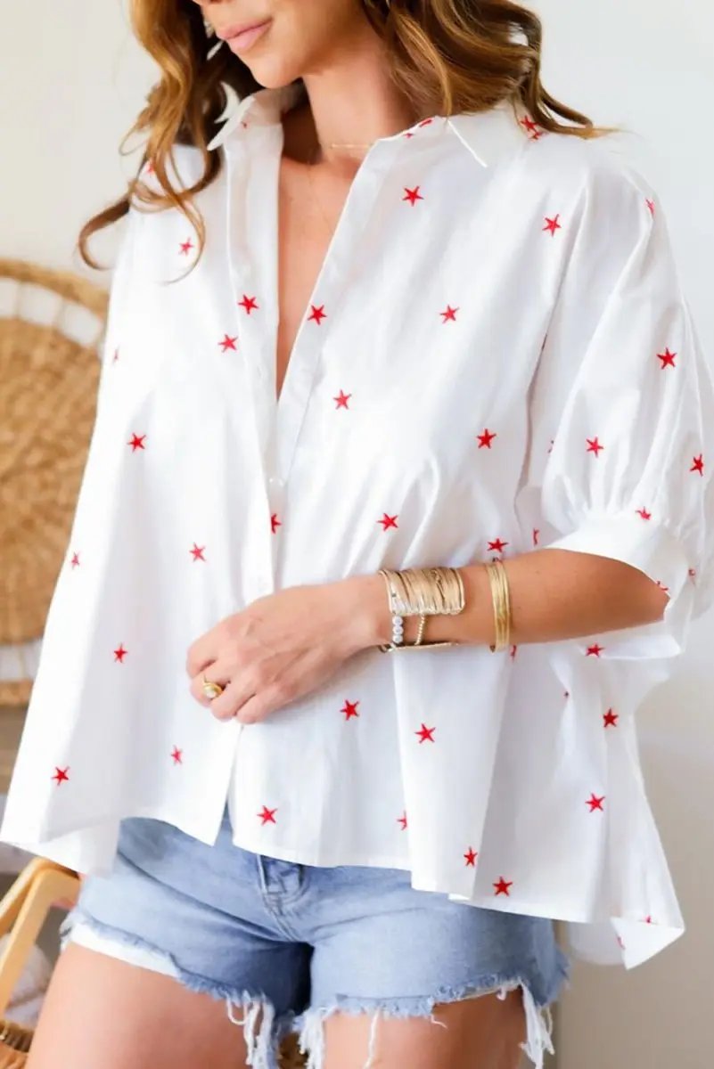 Love Salve White Star Print Shirt Women&amp;#39;s Summer Casual Top Loose Fit
