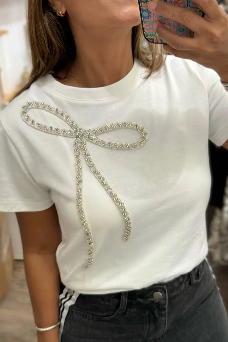 Love Salve White Rhinestone Bow Tee Women&amp;#39;s Daily Casual Summer Top - Cute &amp;amp; Sparkly