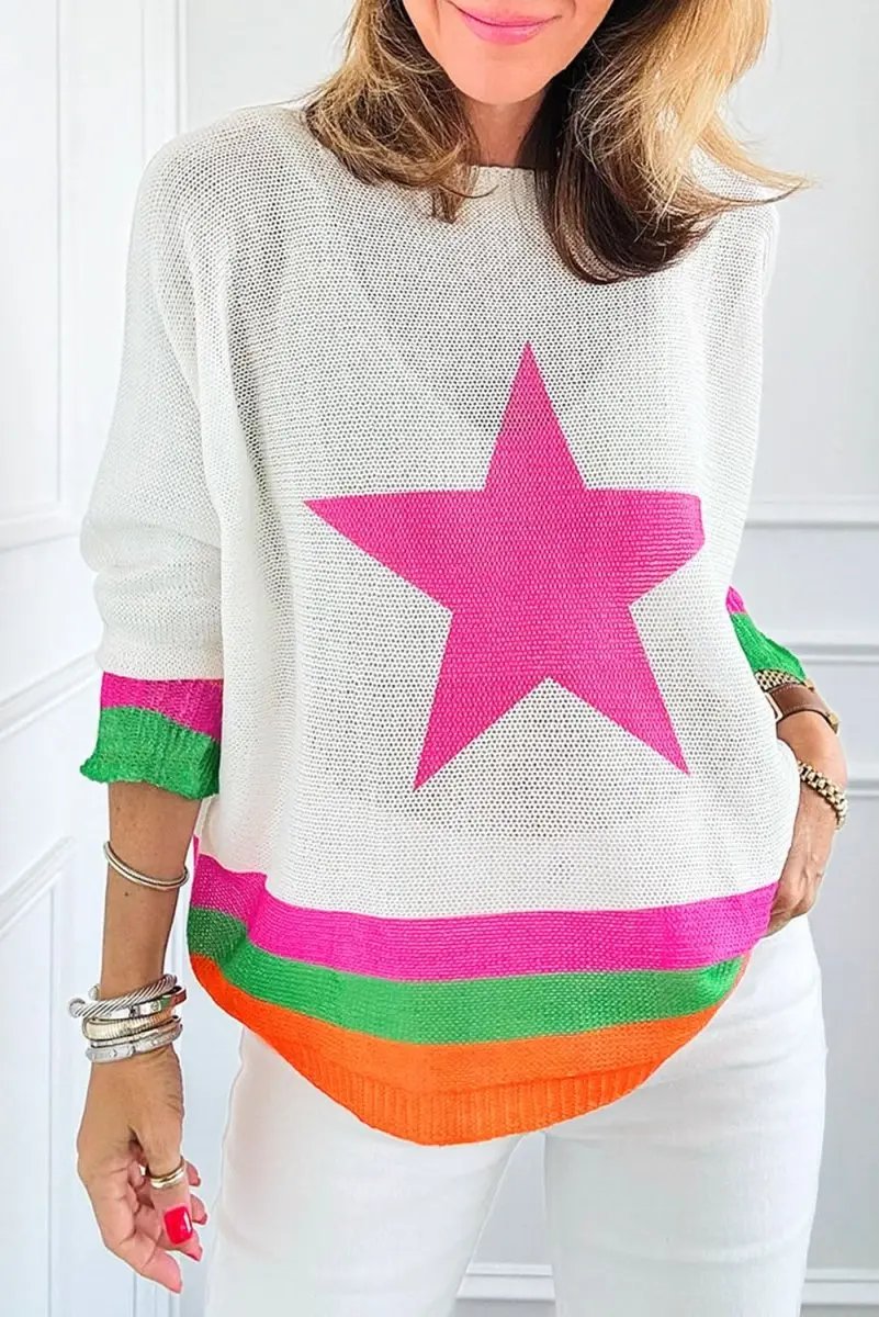 Love Salve Star Colorblock Sweater Women&amp;#39;s Daily Casual Knit Top - Soft &amp;amp; Stylish