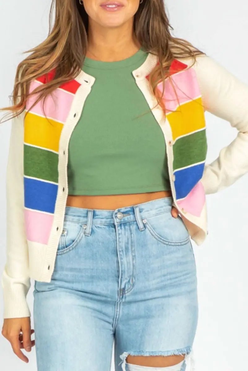 Love Salve White Stripe Cardigan Women&amp;#39;s Colorful Pattern Sweater - Button Front, Soft Knit