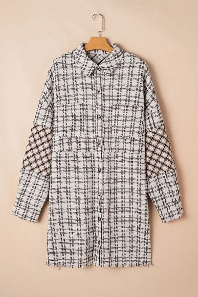 Love Salve White Plaid Tunic Women&amp;#39;s Casual Daily Shirt Dress + Buttoned Raw Hem