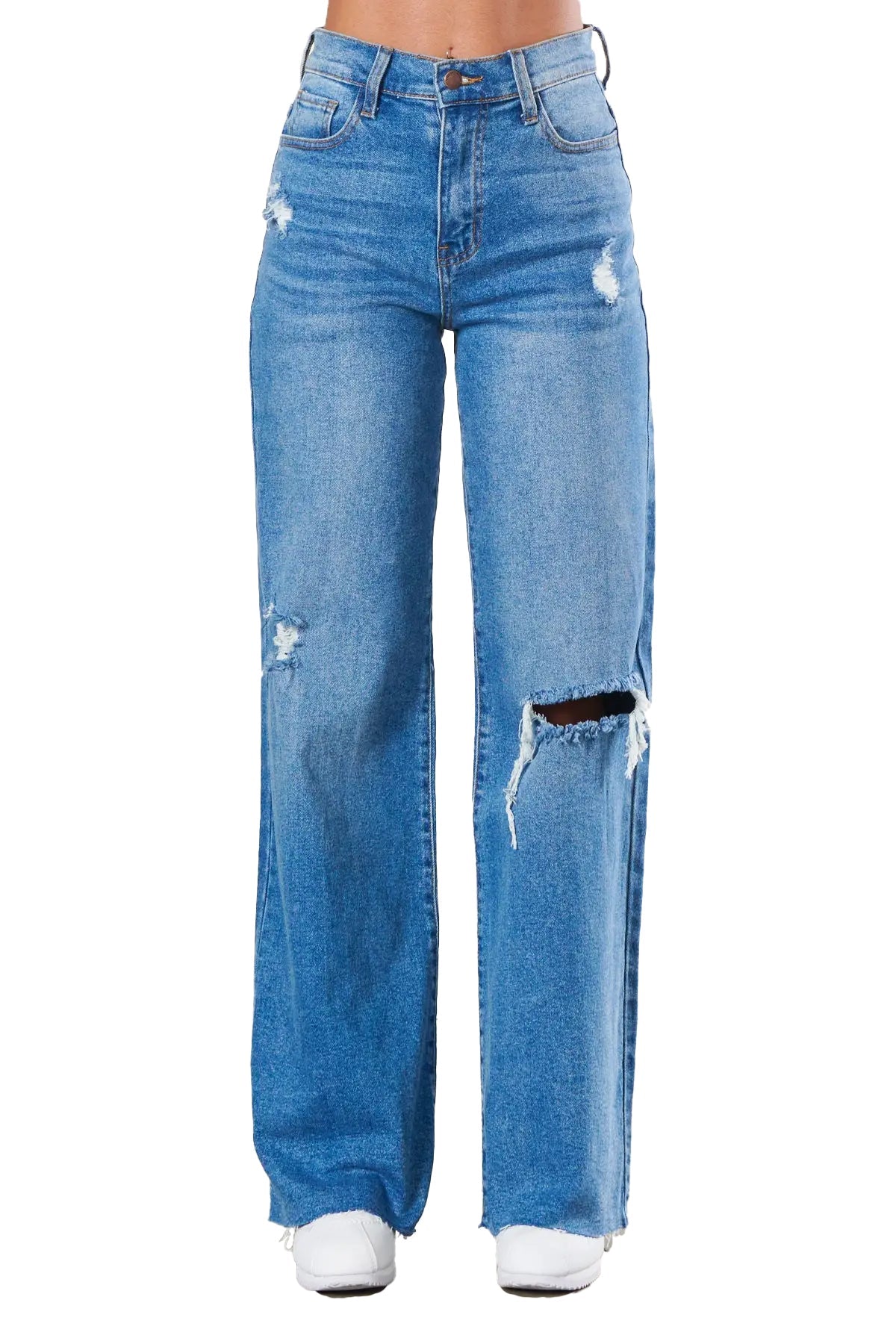 Wide Leg Cut Knee Jeans