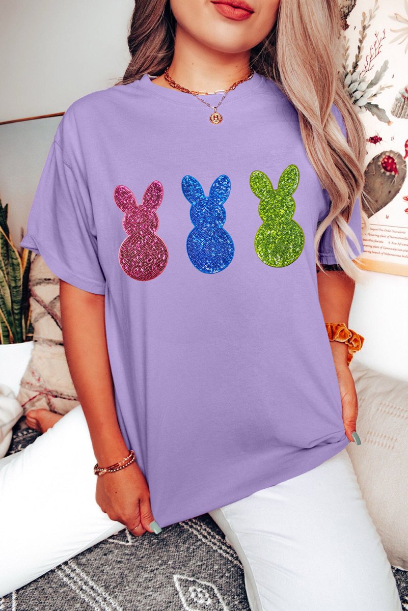 Wisteria Easter Shiny Bunny Graphic Crewneck T Shirt Casual