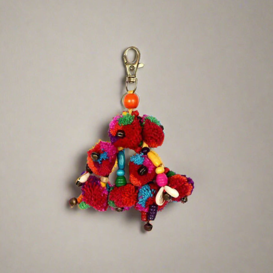 Pom Pom Zipper Pull with Wood Beads and Shells | Handmade Keychain | Thailand