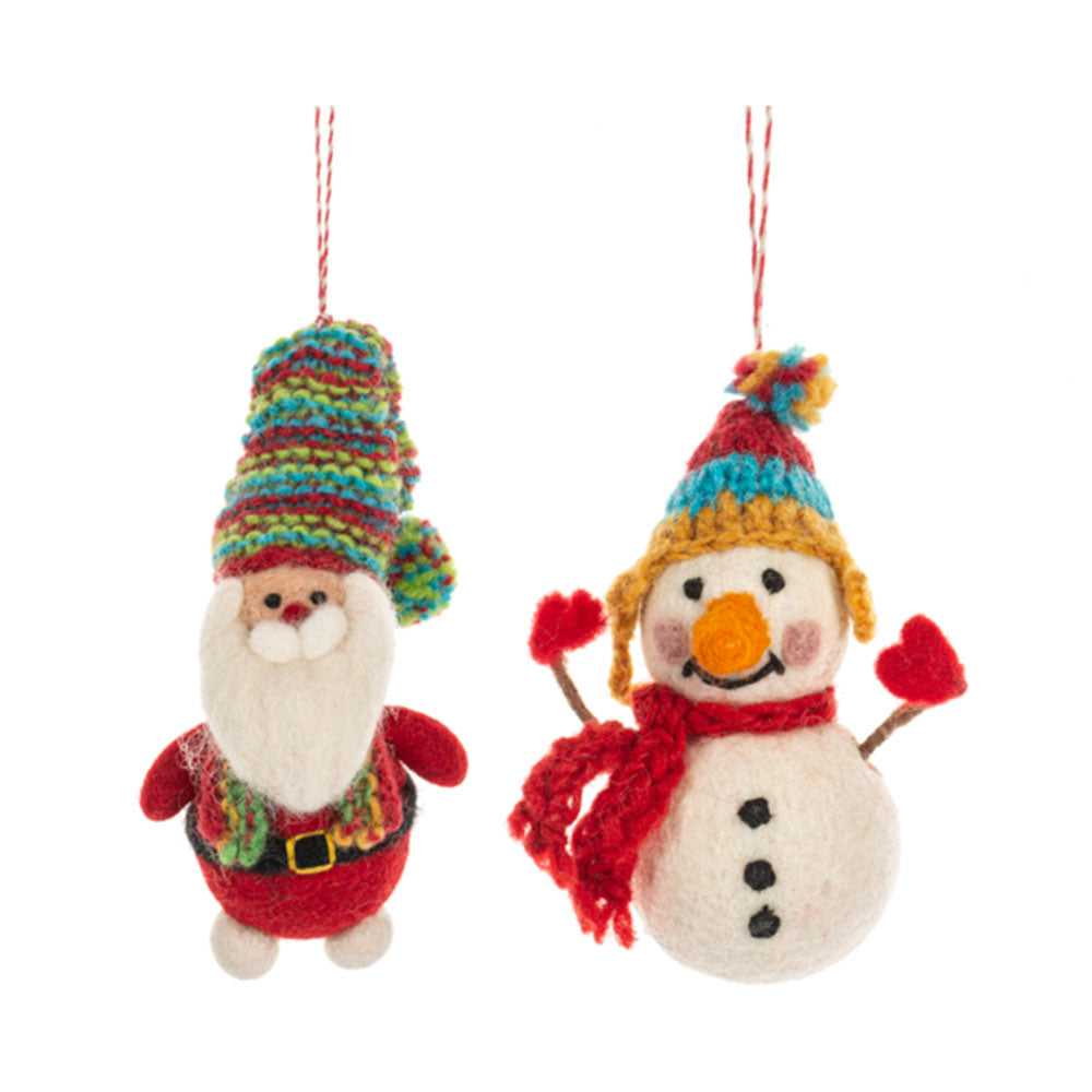 Felted Wool Santa &amp;amp; Snowman Ornaments Set of 2
