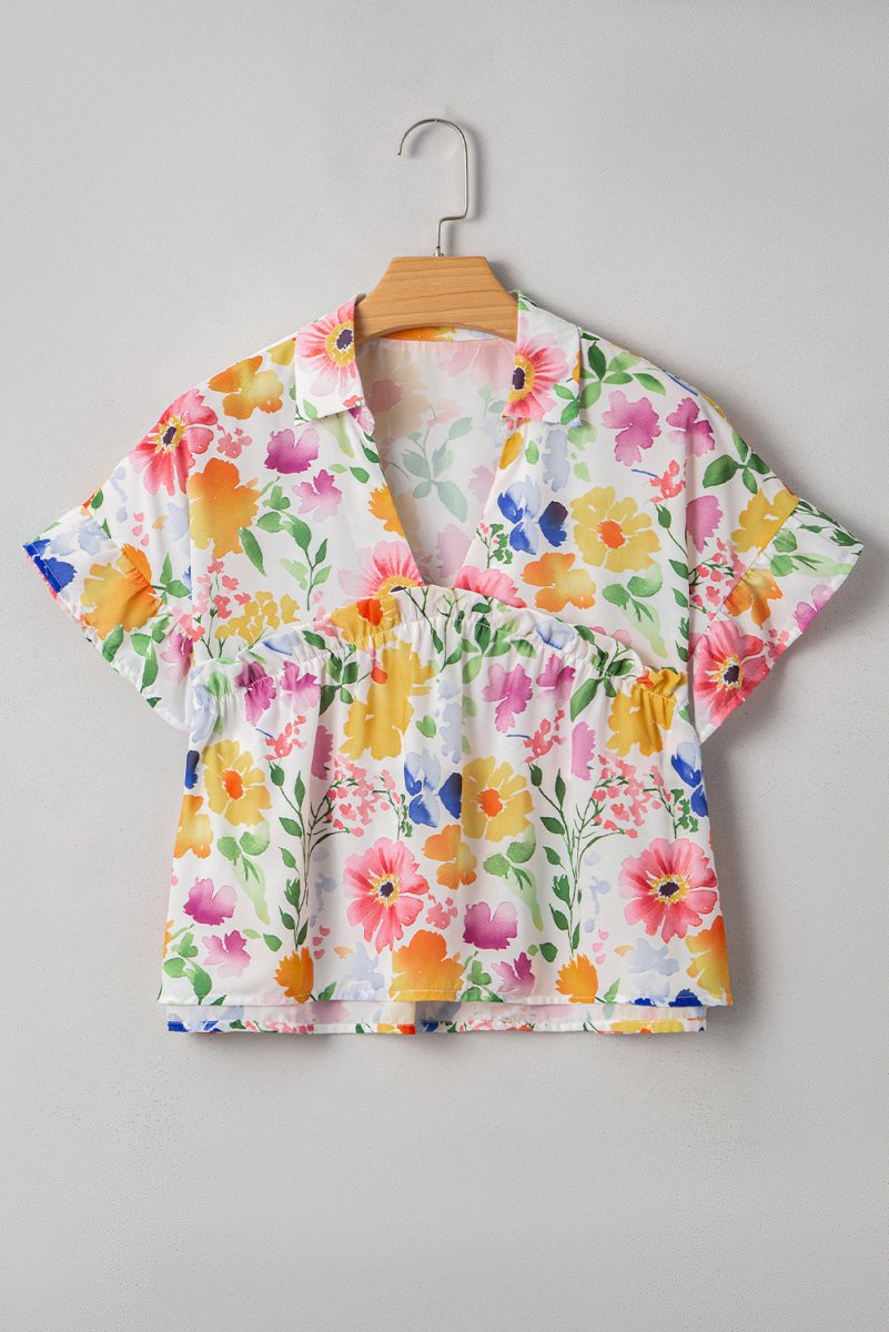 Yellow Floral Boxy Fit Ruffled Short Sleeve V Neck Blouse