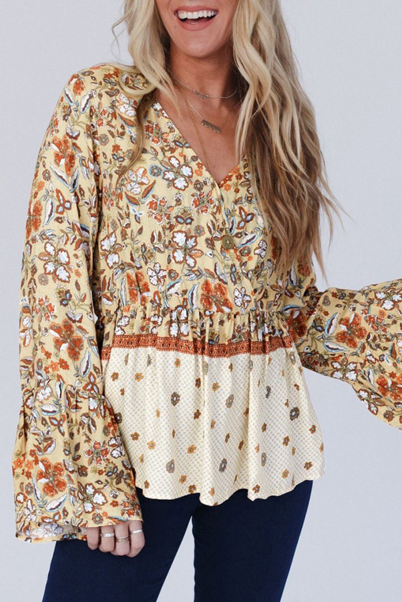 Yellow Printed Floral Bell Sleeve V Neck Wrapped Blouse