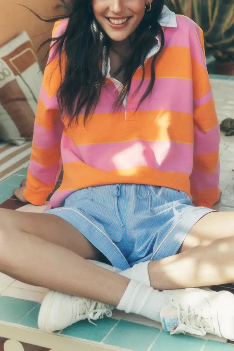 Love Salve Yellow Stripe Sweatshirt Daily Wear Women&amp;#39;s Polo Top Comfy Casual