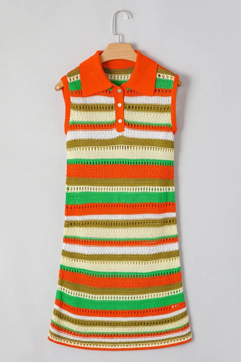 Love Salve Yellow Stripe Knit Dress Women&amp;#39;s Daily Summer Casual: Buttoned &amp;amp; Split Neck