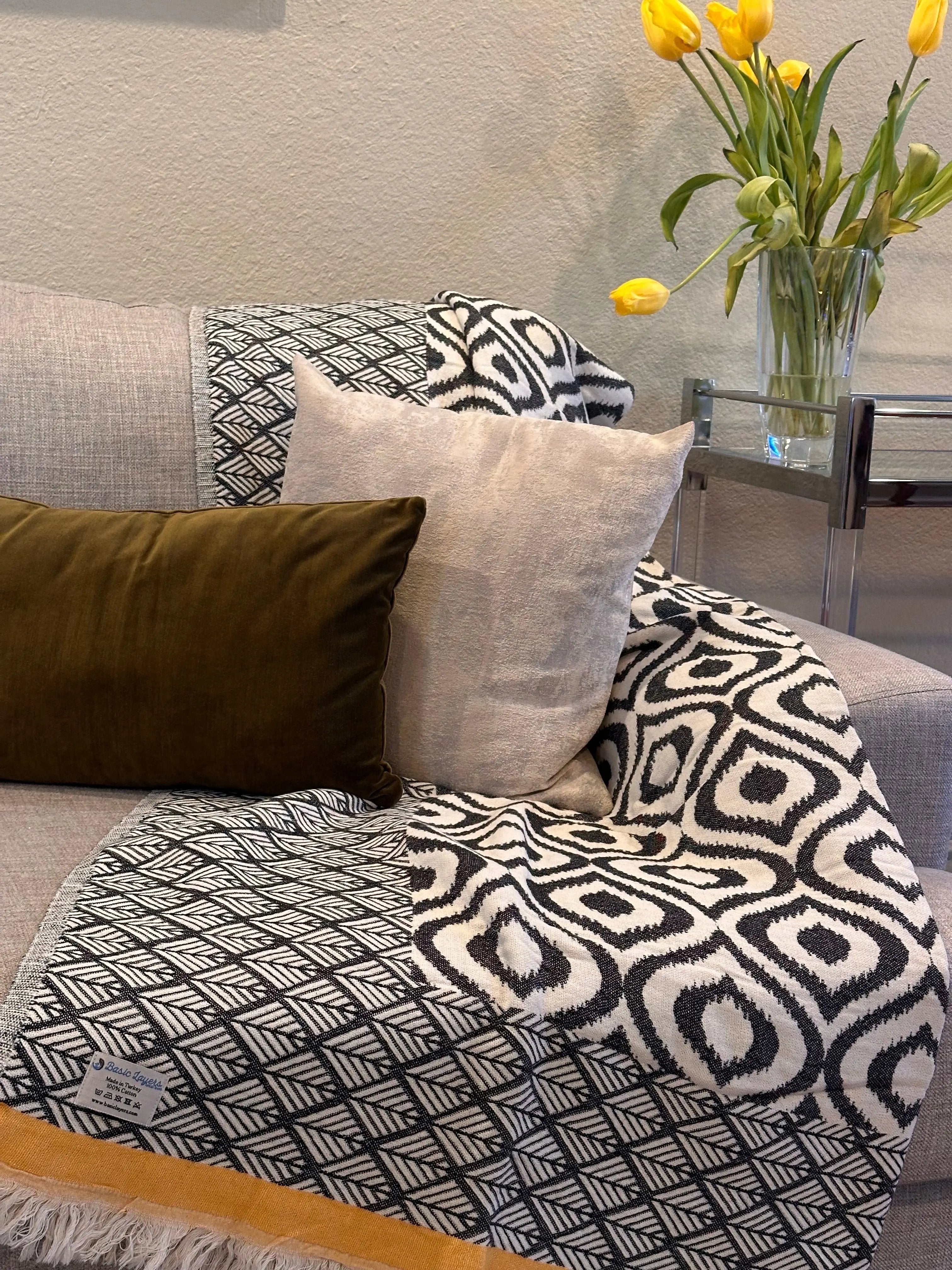 Basiclayersca Ikat Yellow Turkish Throw Blanket 100 Percent - Bedding | Premium Quality | Fast Shipping