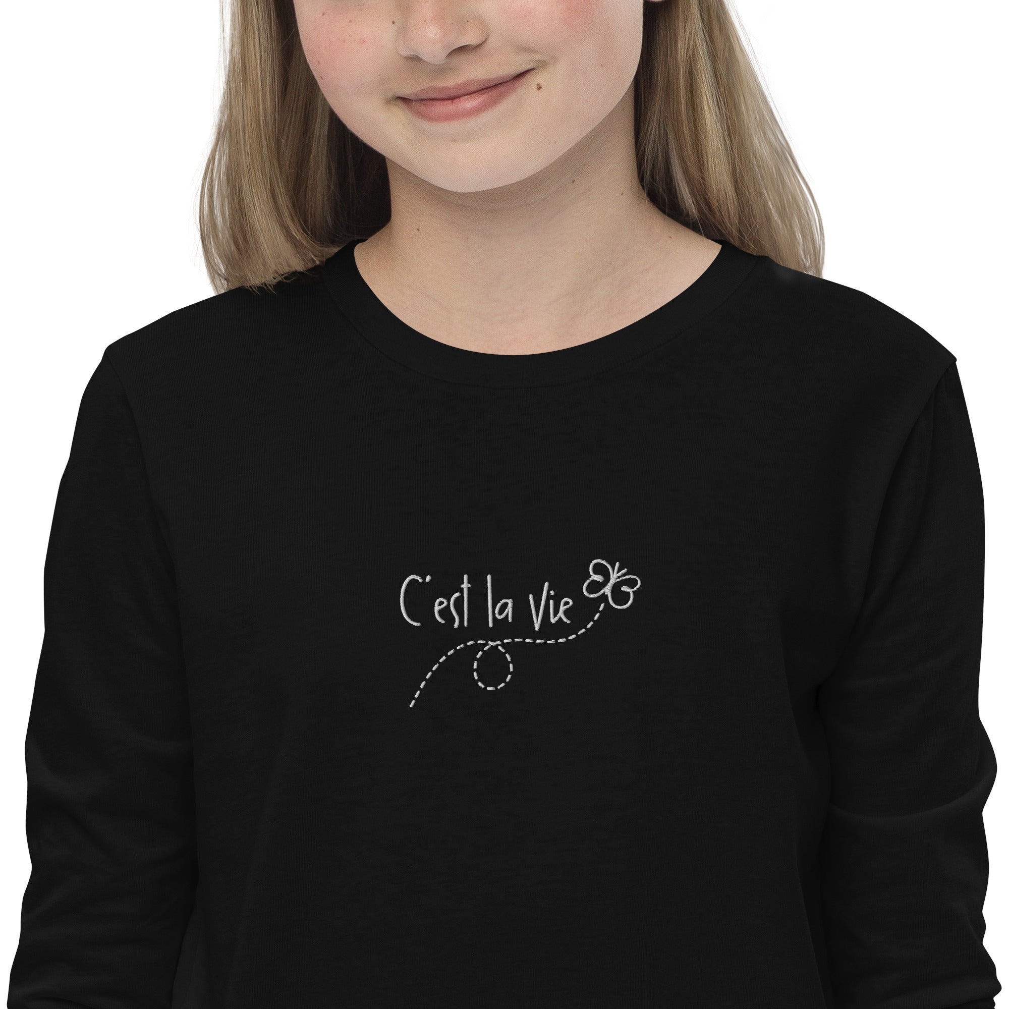 Kid&amp;#39;s embroidered c&amp;#39;est la vie long sleeve tee