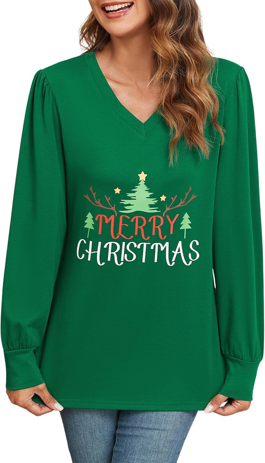 ZAFUL Holiday Long Sleeve Christmas Shirts For Women 2024 Graphic Tees Green Tunic Tops Christmas Fall V Neck Dressy Tops For Women XXL