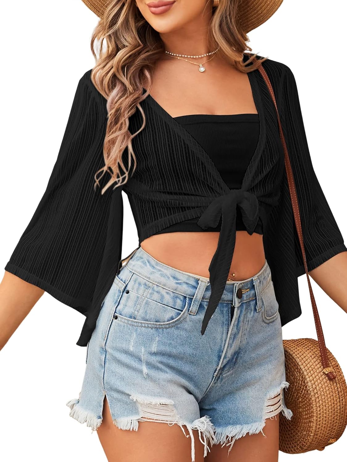 ZAFUL Women&amp;#39;s Cropped Bolero Sheer Shrugs for Dress Short Sleeve Tie Front Cardigan