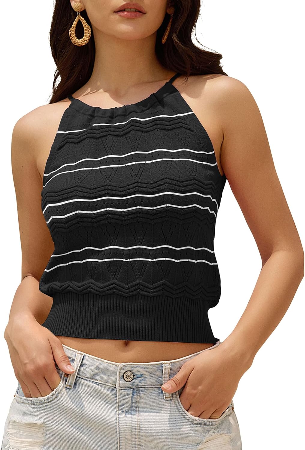 ZAFUL Womens Halter Crochet Tops Backless Sleeveless Hollow Out Summer Sweater Striped Camisole Tank Crop Top
