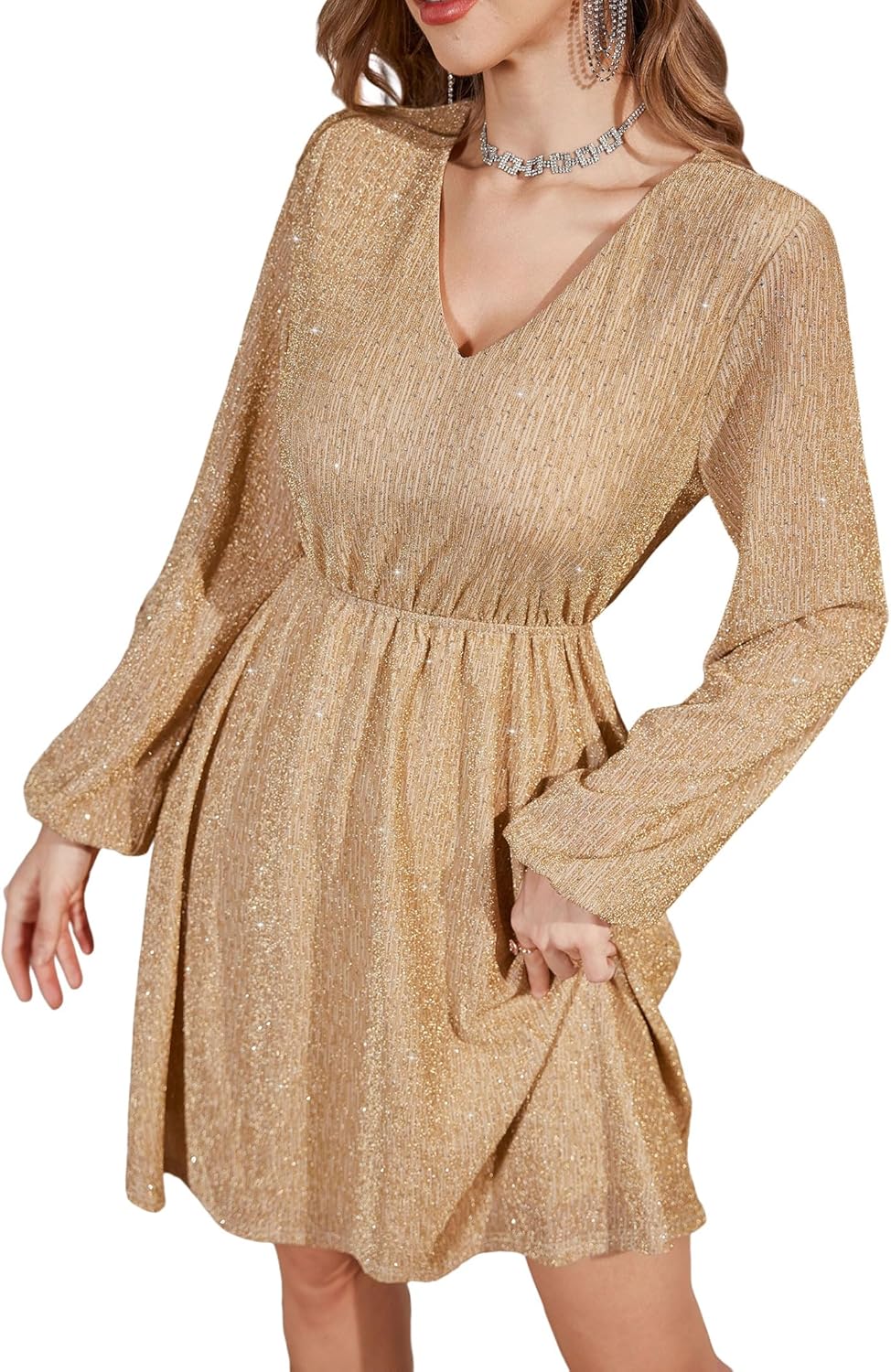 ZAFUL Women&amp;#39;s Lantern Long Sleeve Sequin Mini Dress 2025 Fall V Neck Sparkly Fit and Flare Cocktail Party Dresses