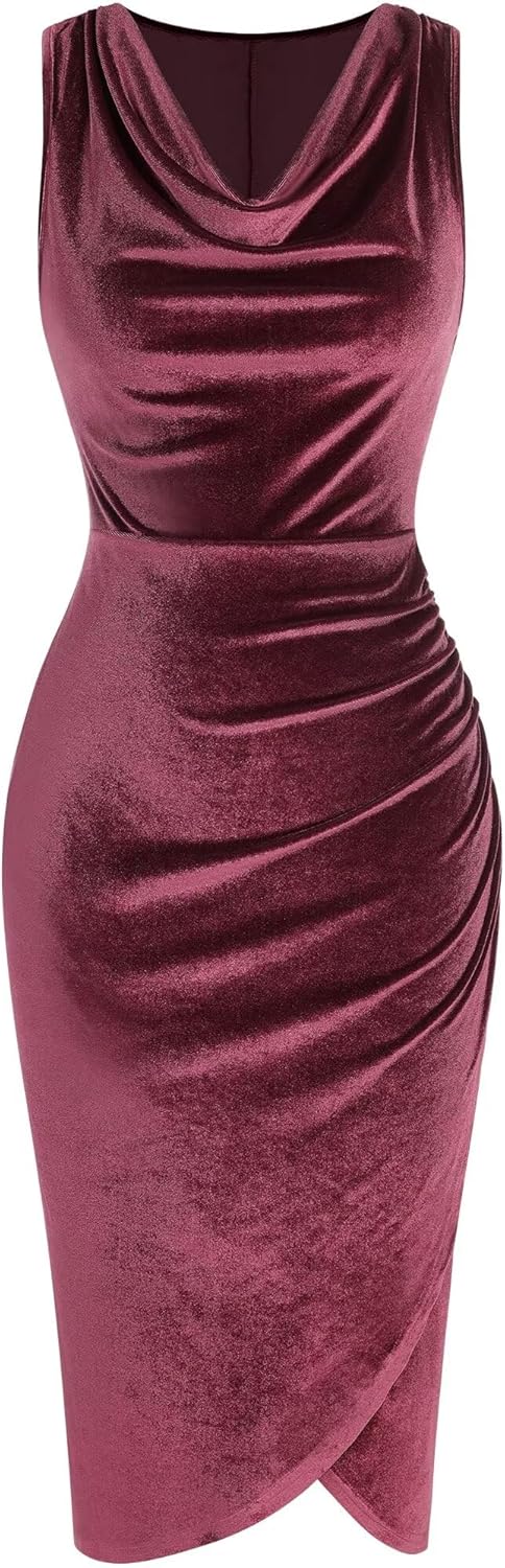 ZAFUL Womens Sleeveless Velvet Cocktail Dresses Cowl Neck Party Midi Wedding Guest Dress Ruched Slit Bodycon Dress