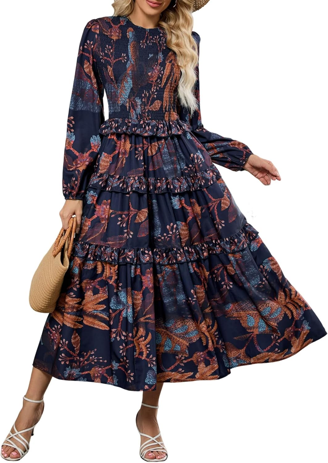 ZAFUL Women&amp;#39;s Smocked Maxi Floral Dress Long Sleeve Boho Crew Neck Sun Dresses Casual High Waist Fall Flowy Dress(Navy,XL)