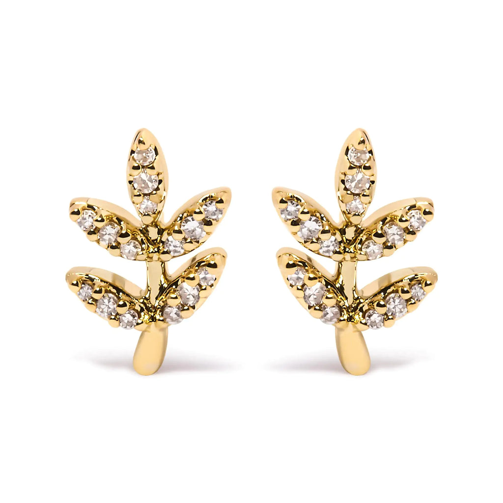 Style Loft Collection Leaf and Branch 10K Yellow Gold 1/10 Ctw Diamond Accented Stud Earrings (H-I Color, I1-I2 Clarity)
