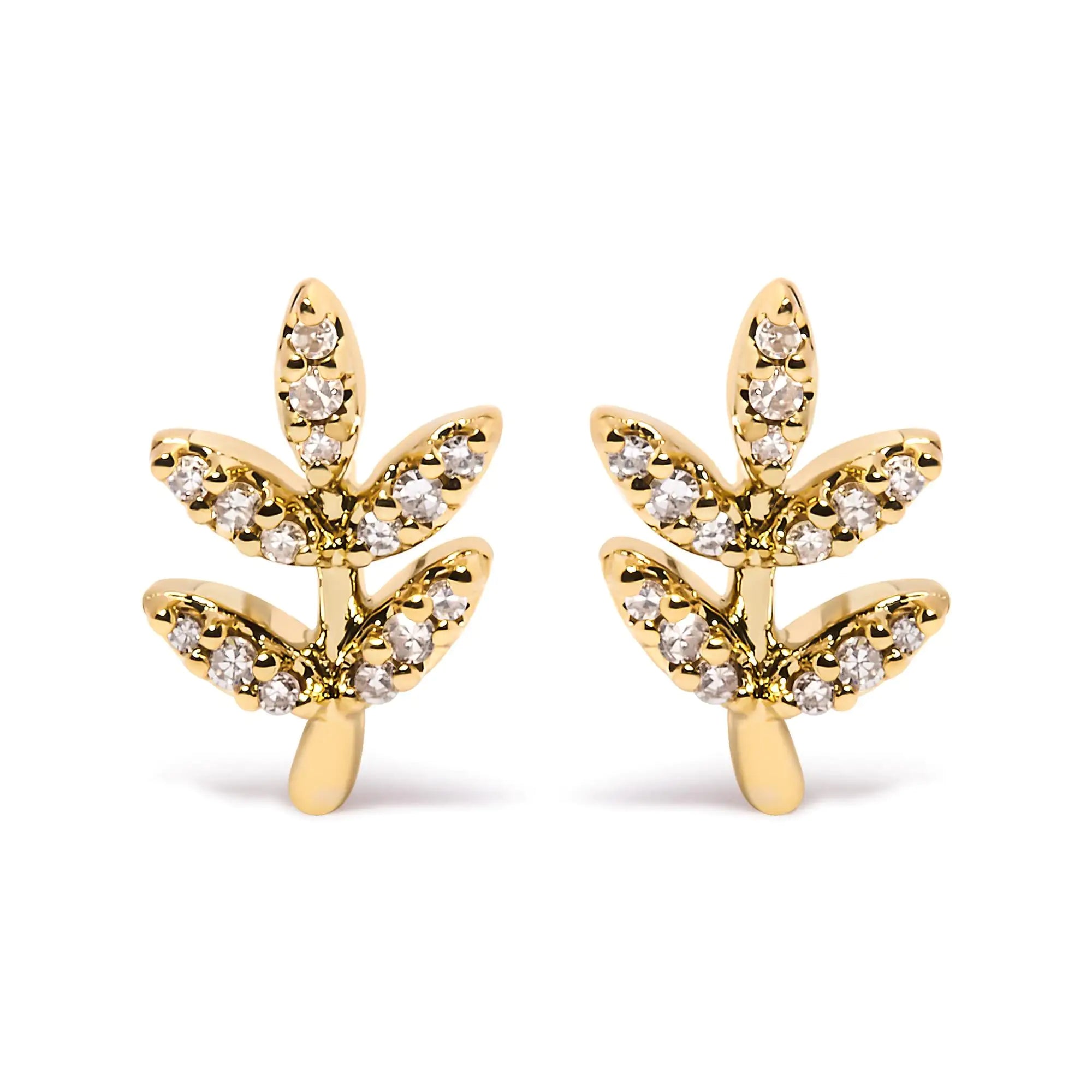 Style Loft Collection Leaf and Branch 10K Yellow Gold 1/10 Ctw Diamond Accented Stud Earrings (H-I Color, I1-I2 Clarity)