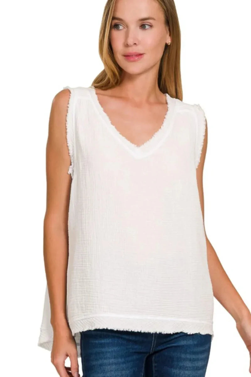 Zenana Double Gauze Raw Edge V-Neck Tank Top for Women