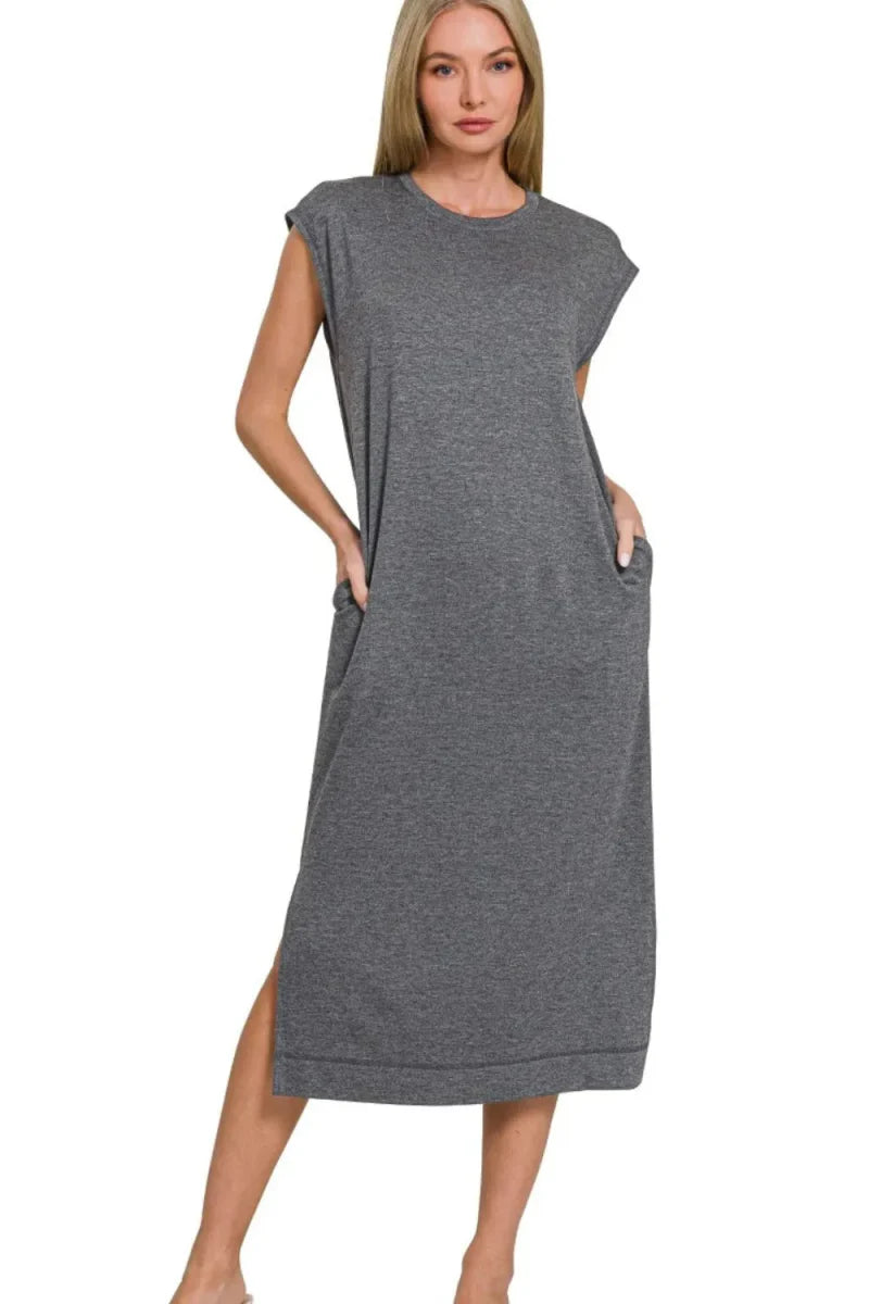 Zenana French Terry Sleeveless Round Neck Midi Dress for Women