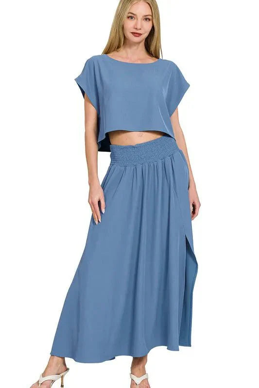 Zenana Heavy Woven Span Crop Tee &amp;amp; Skirt Set