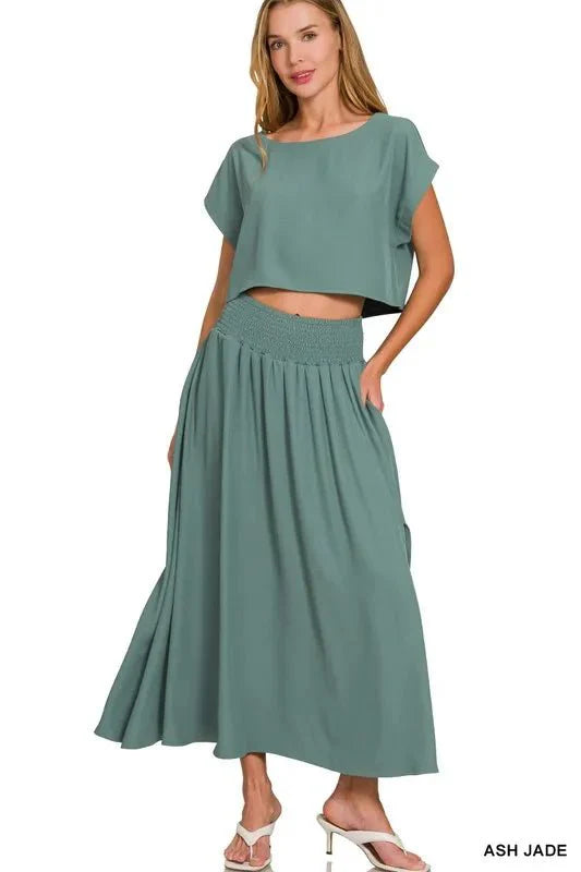 Zenana Heavy Woven Span Crop Tee &amp;amp; Skirt Set