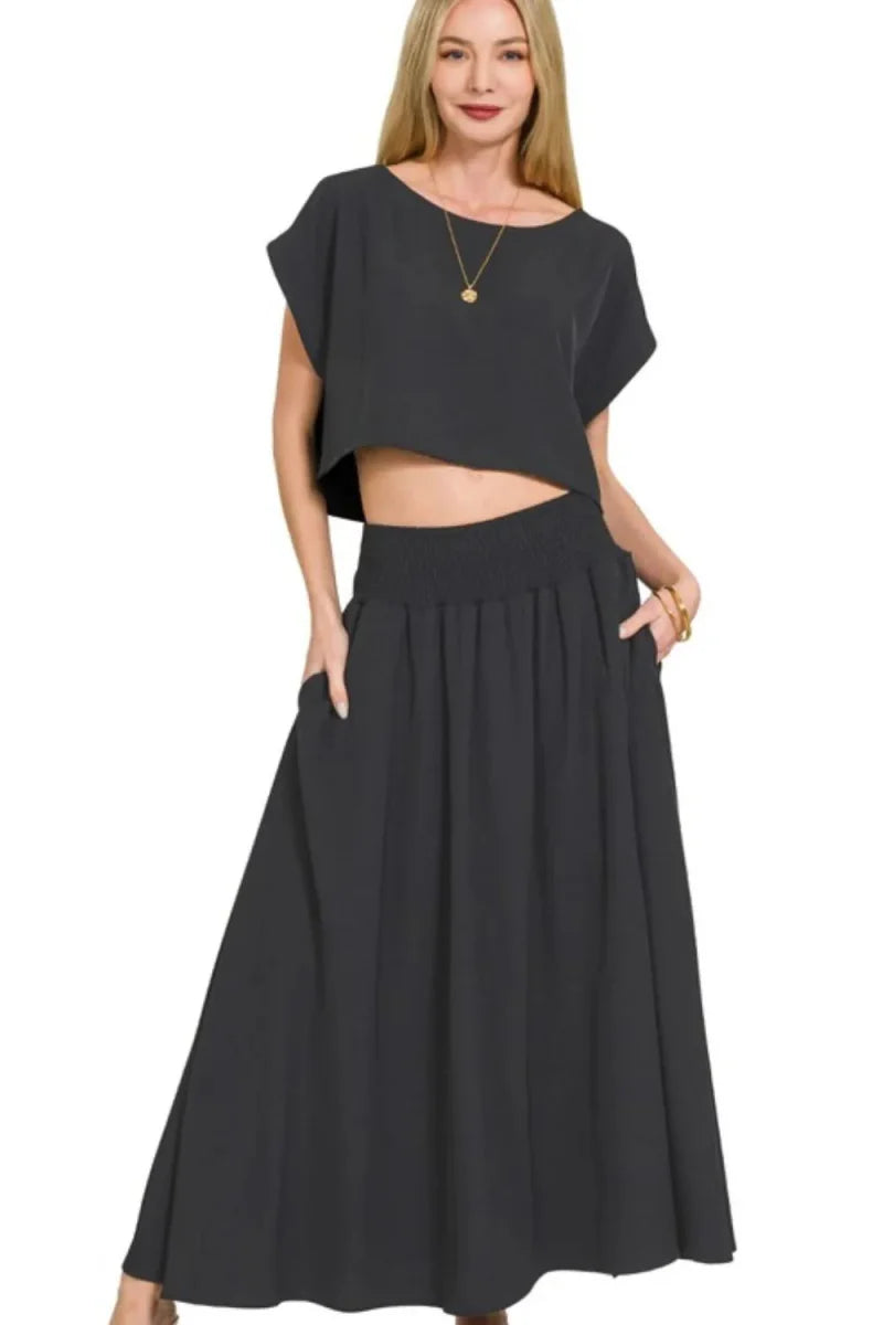 Zenana Heavy Woven Span Crop Tee &amp;amp; Skirt Set