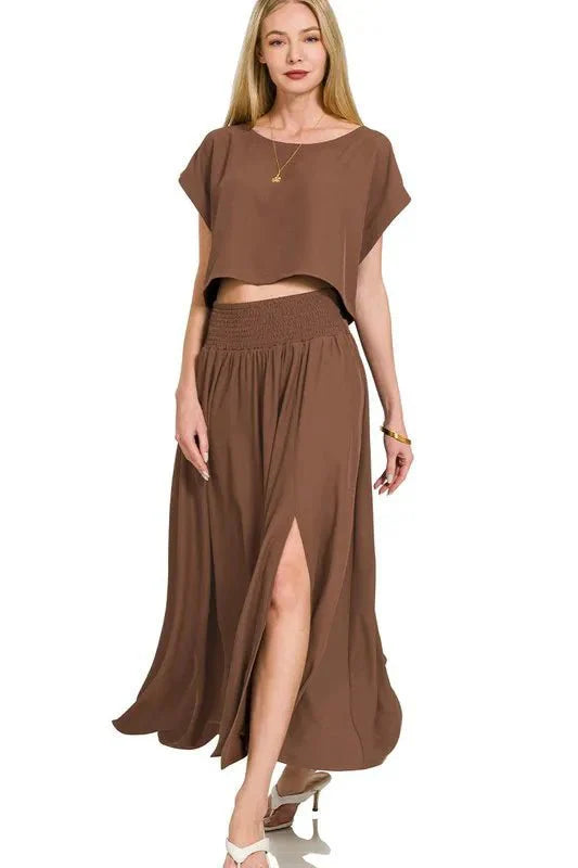 Zenana Heavy Woven Span Crop Tee &amp;amp; Skirt Set