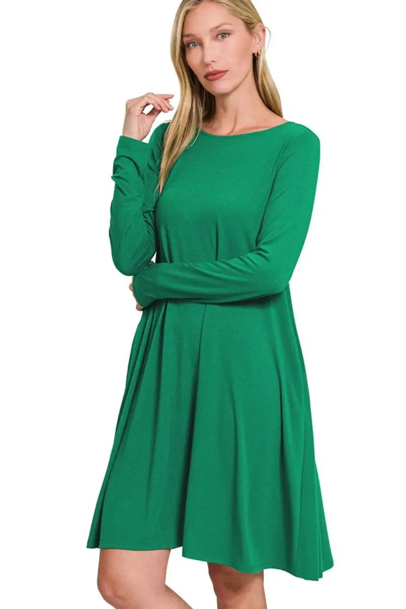 Trendsi Zenana Long Sleeve Dress Women&amp;#39;s Casual Flare Dress With Pockets