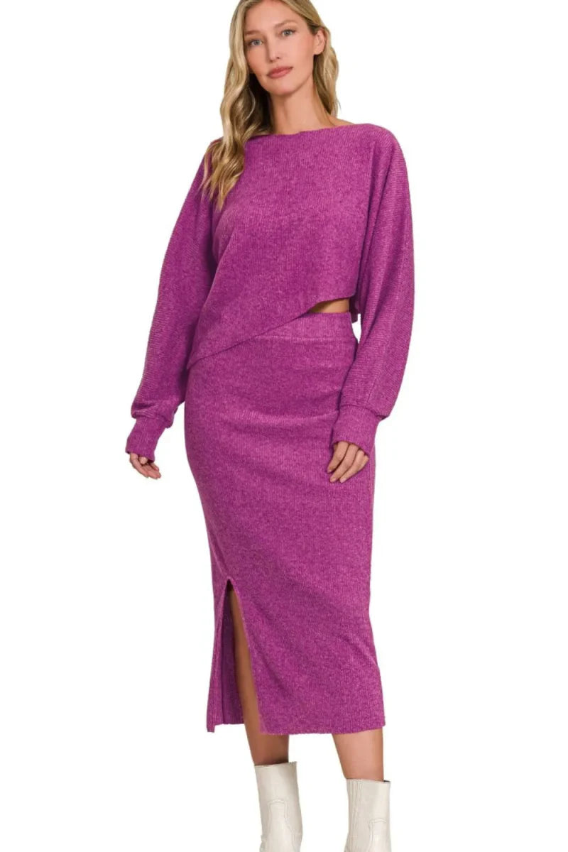 Zenana Ribbed Asymmetric Hem and Sleeve Top &amp;amp; Skirt Set