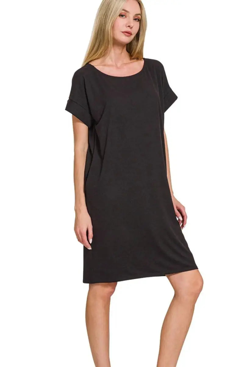 Trendsi Rolled Sleeve Dress Women&amp;#39;s Casual Everyday Comfy Basic Dress