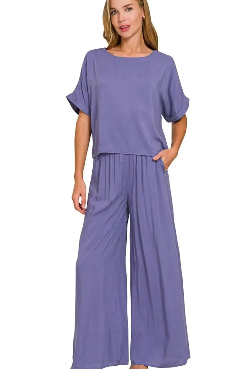 Trendsi Zenana Set Round Neck Wide Leg Women&amp;#39;s Loungewear Set Comfy Soft