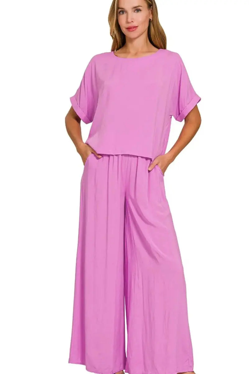 Trendsi Zenana Set: Women&amp;#39;s Round Neck Tee &amp;amp; Wide Leg Pants Loungewear - Soft &amp;amp; Comfy
