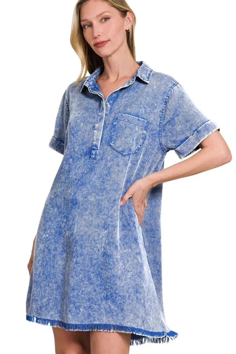 Zenana Tencel Mineral Washed Collared Shirt Dress For Women