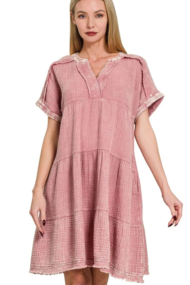 Zenana Washed Double Gauze Raw Edge V-Neck Dress for Summer
