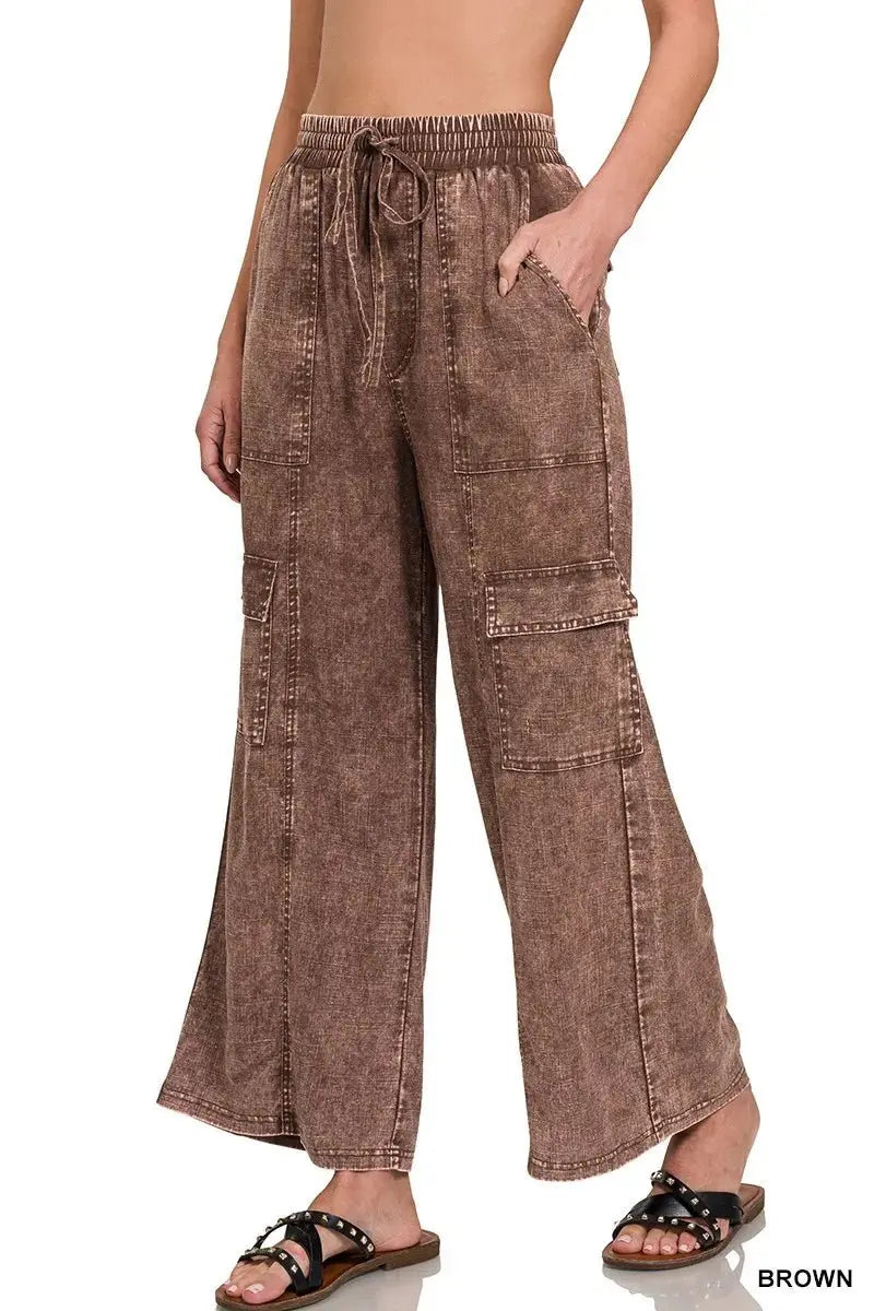 Trendsi Linen Cargo Pants Women&amp;#39;s Casual Elastic Waist Lightweight Trousers