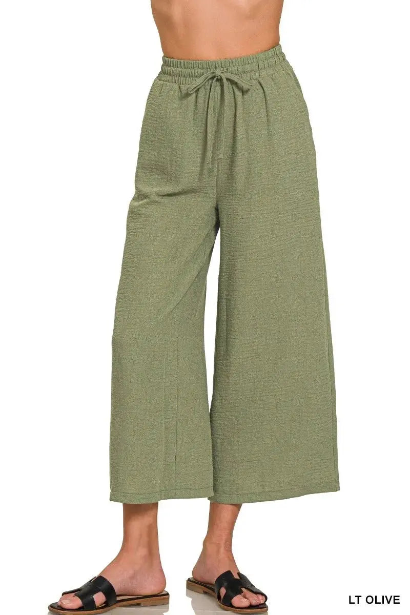 Trendsi Crepe Cropped Pants Women&amp;#39;s Casual Elastic Waist Comfy Lightweight