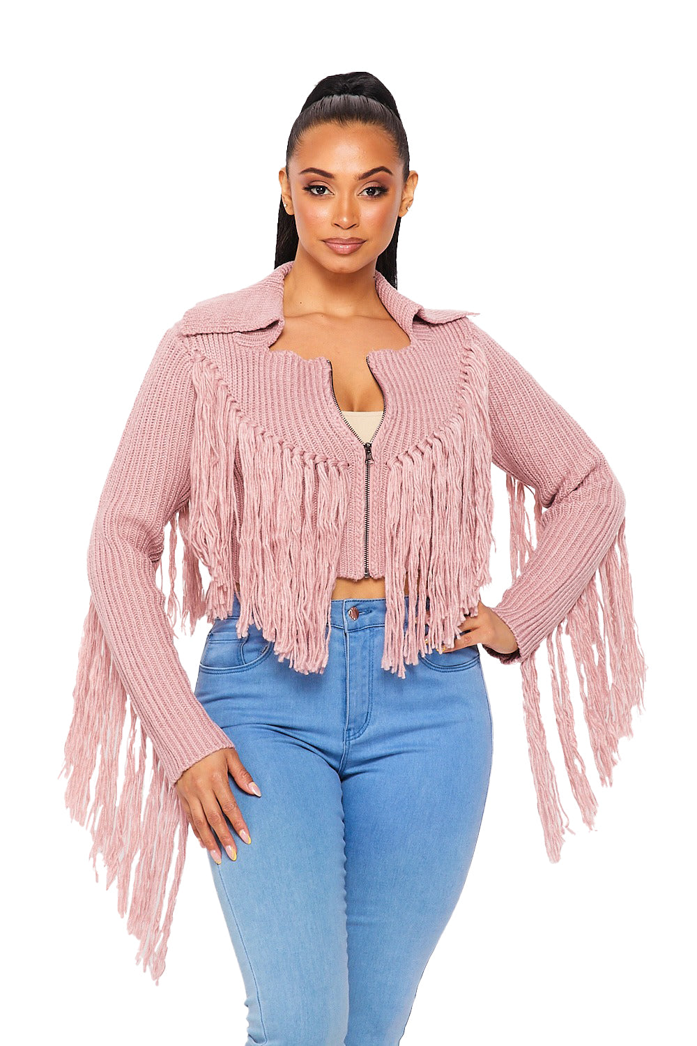 Fringe Zip Up Sweater